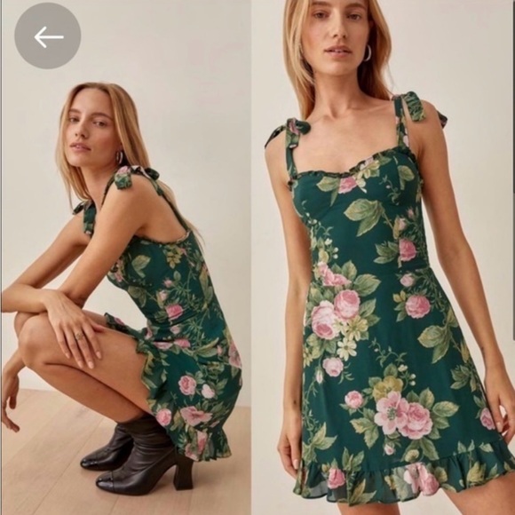 Reformation Christine DressGreen Pink Roses Size 2 Fairycore Cottagecore - Picture 2 of 4